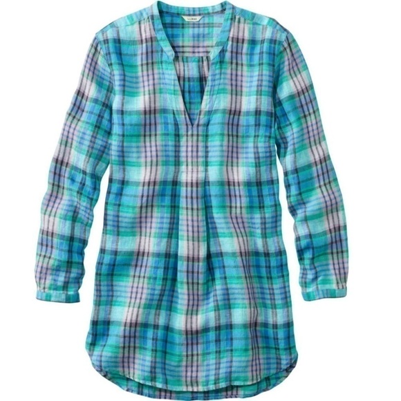 L.L.Bean 100% Linen Premium Washable Linen Long Tunic Top Plaid Small - Picture 3 of 11
